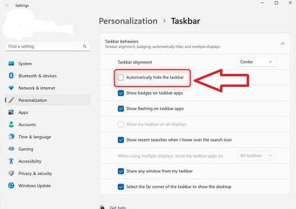 Bỏ ẩn thanh taskbar Win 11